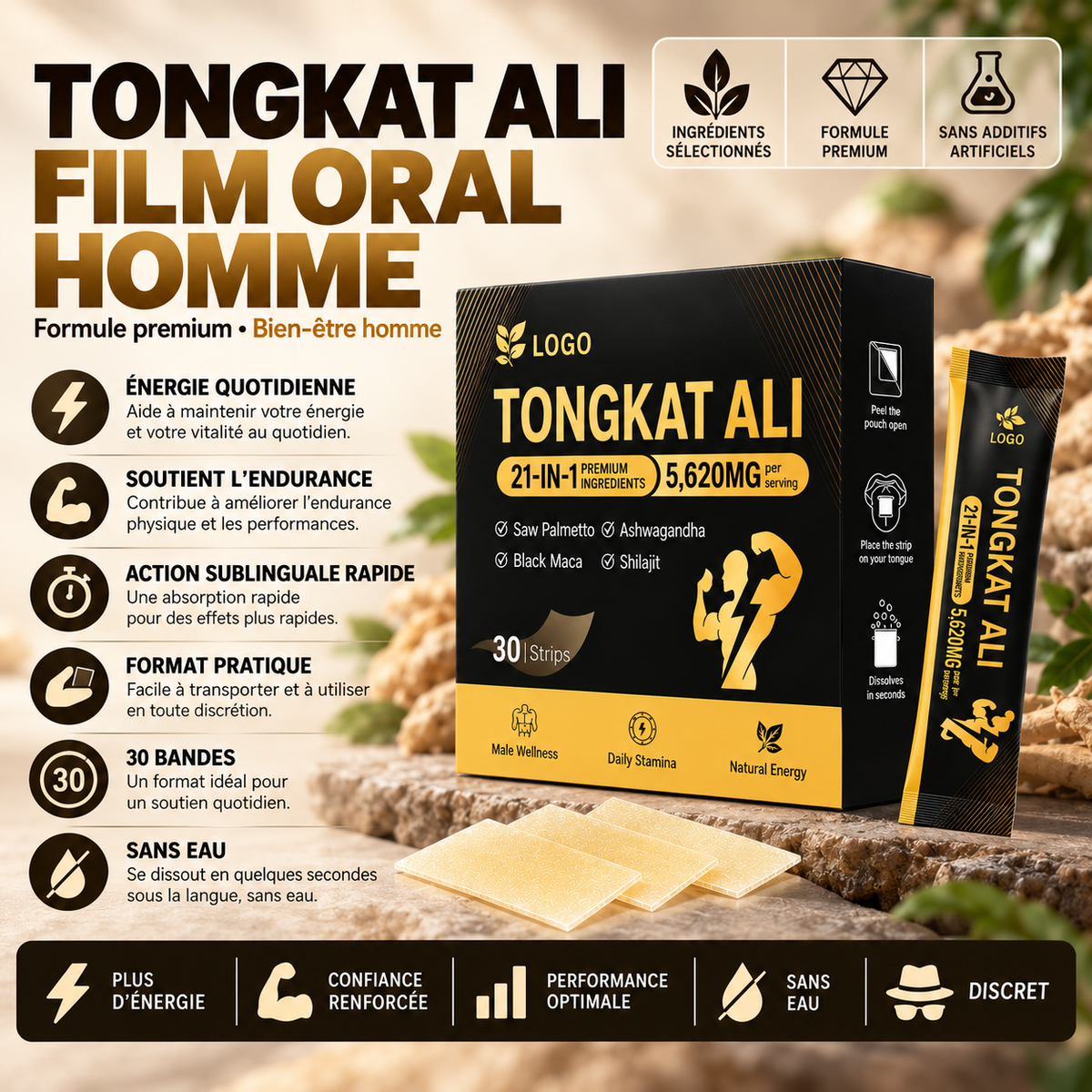 Bandes de Tongkat Ali 21 en 1 Soutien rapide des performances masculines